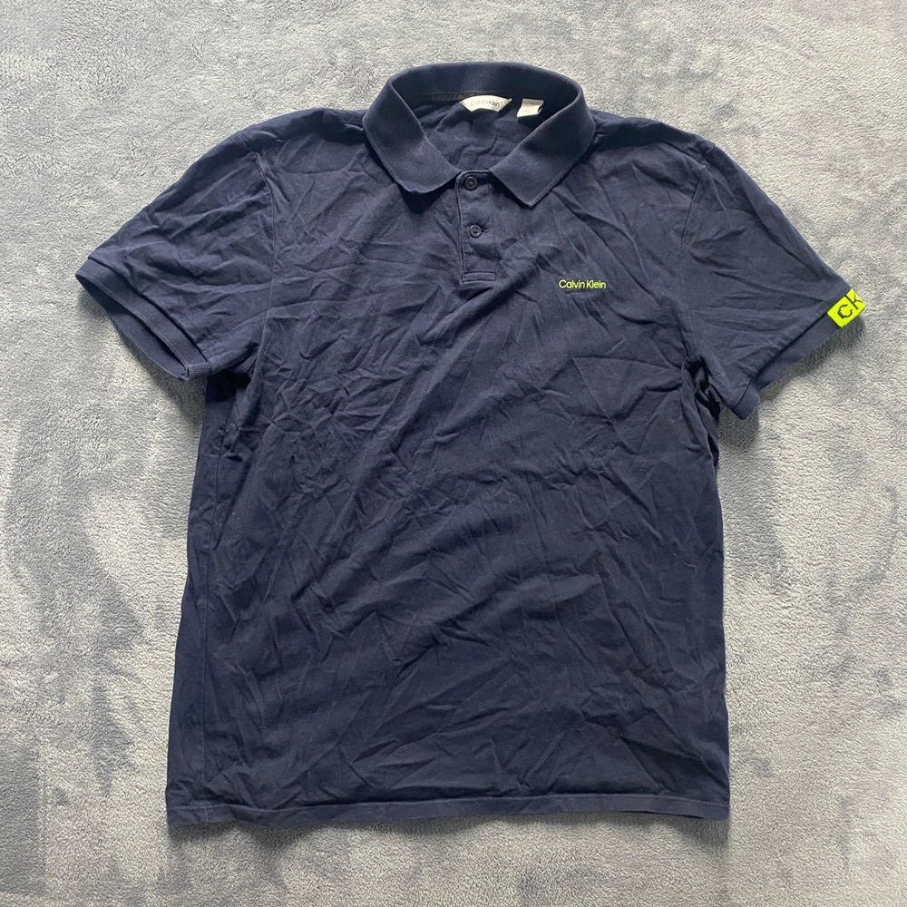 Calvin Klein Polo Shirt Mens Medium Navy Blue Excellent Short Sleeve Logo CK